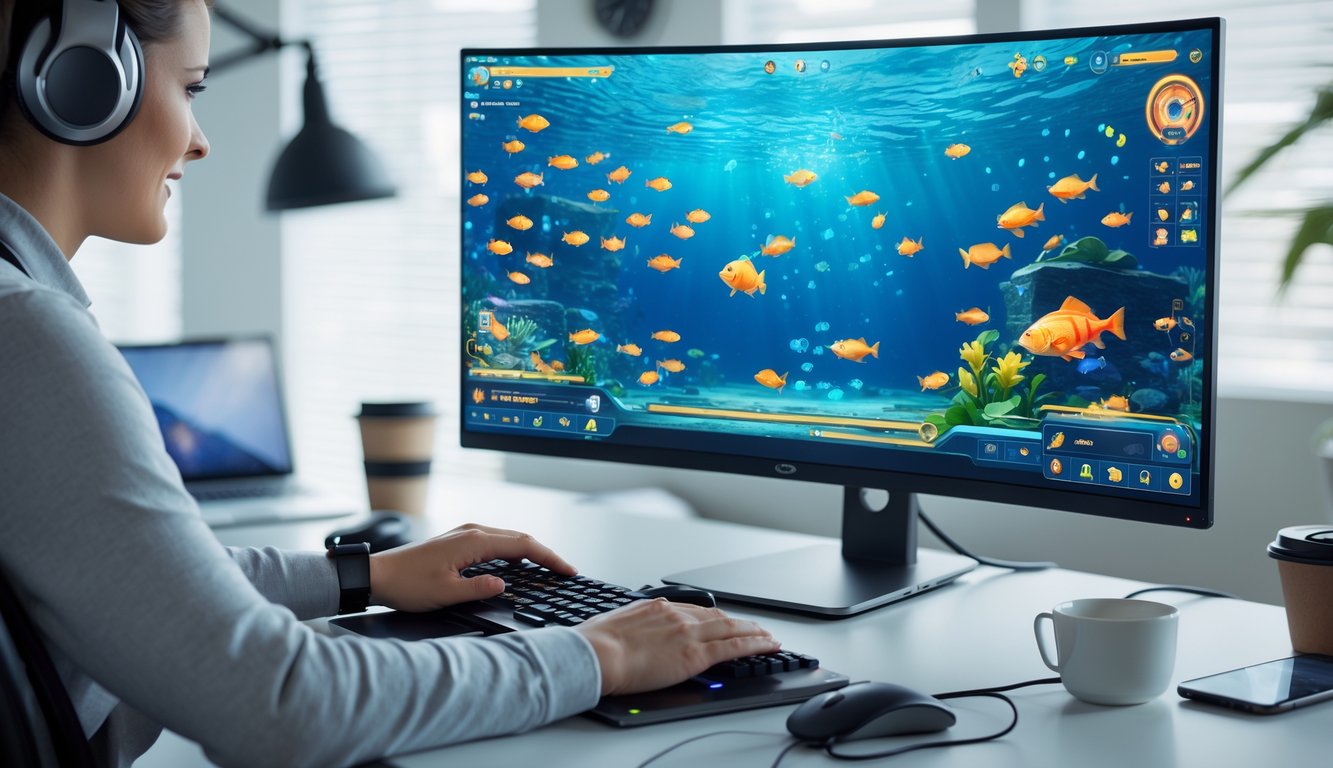 Seseorang sedang bermain game tembak ikan klasik di komputer dengan latar ruang kerja yang rapi dan terang.