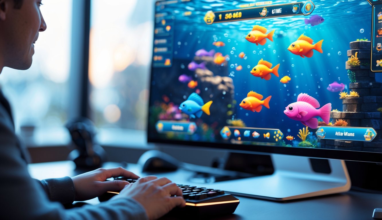 Seorang pemain sedang menggunakan komputer dengan layar menampilkan permainan tembak ikan klasik berwarna-warni di lingkungan rumah yang nyaman.