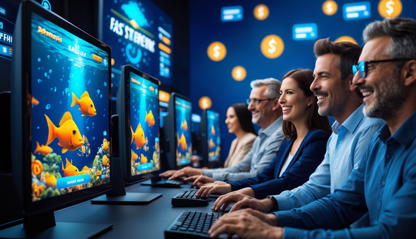 Beberapa orang dewasa bermain permainan tembak ikan di depan layar komputer dengan latar belakang simbol pembayaran digital.