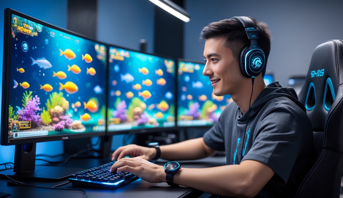 Seorang pria profesional sedang bermain game tembak ikan klasik secara online di depan komputer dengan tampilan grafis ikan berwarna-warni di layar.