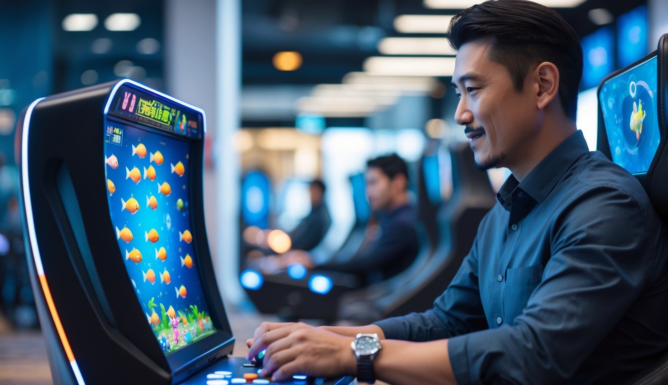 Seorang pria Asia fokus bermain game tembak ikan klasik di mesin digital dalam ruangan modern.
