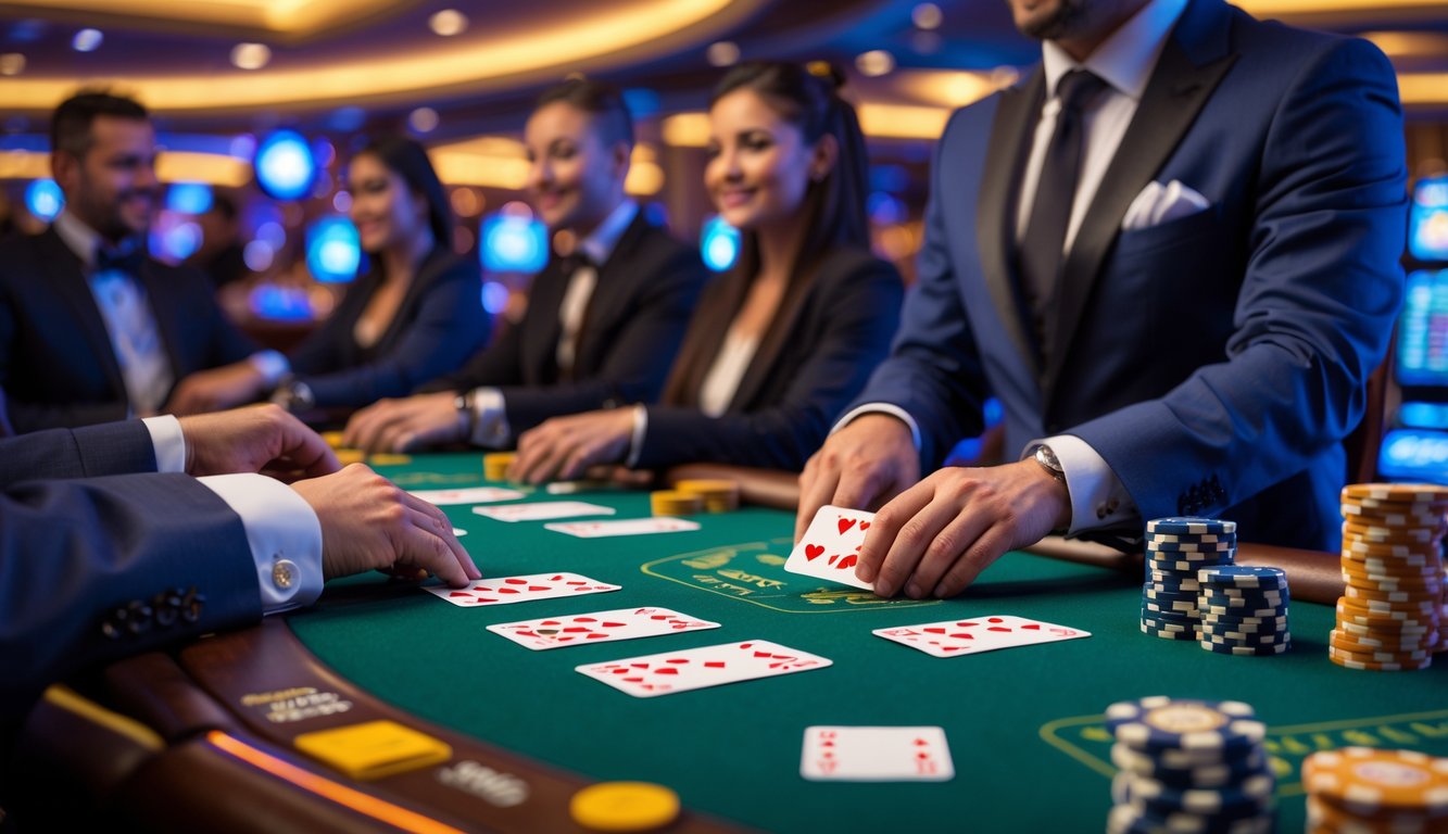 Seorang dealer berjubah rapi membagikan kartu blackjack kepada pemain yang duduk di meja kasino dengan suasana hangat dan mewah.