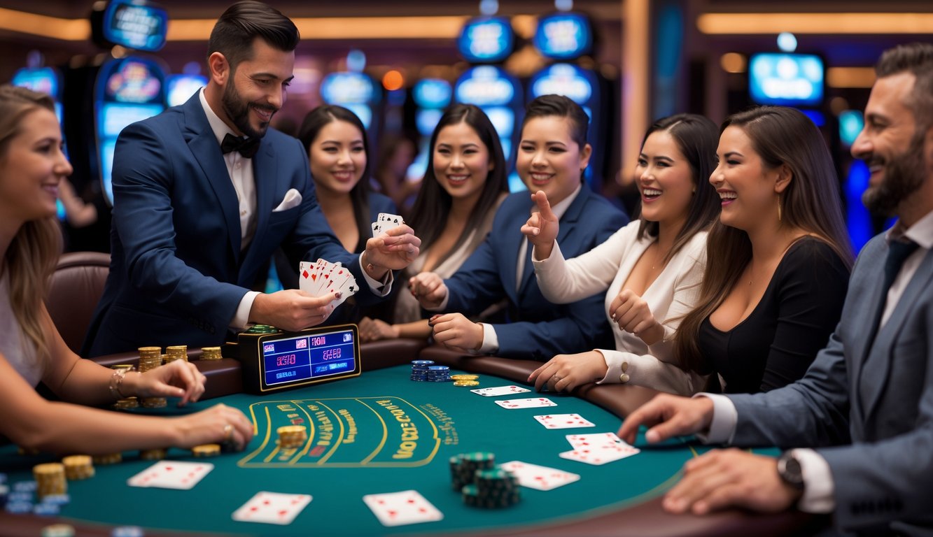 Seorang dealer membagikan kartu kepada beberapa pemain di meja blackjack dengan suasana kasino yang ramai dan pemain yang tampak senang merayakan kemenangan.