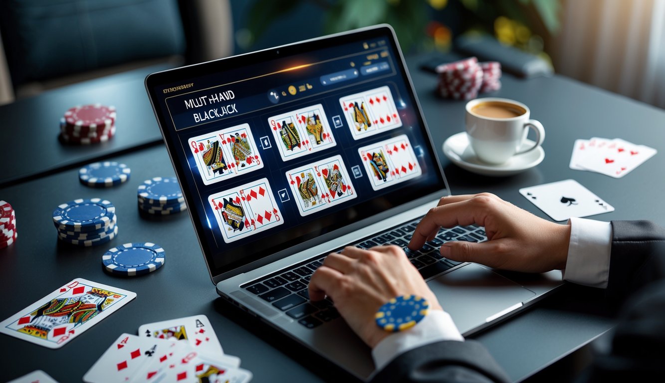 Seorang pria atau wanita menggunakan komputer dengan layar menampilkan beberapa tangan blackjack dalam permainan kasino online di ruang kerja yang terang dan nyaman.