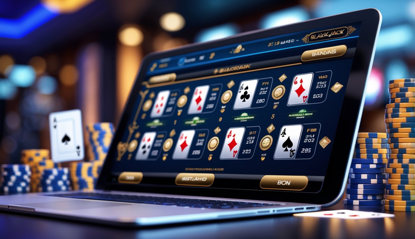Layar komputer menampilkan beberapa tangan blackjack yang sedang dimainkan dengan latar belakang suasana kasino dan chip poker.