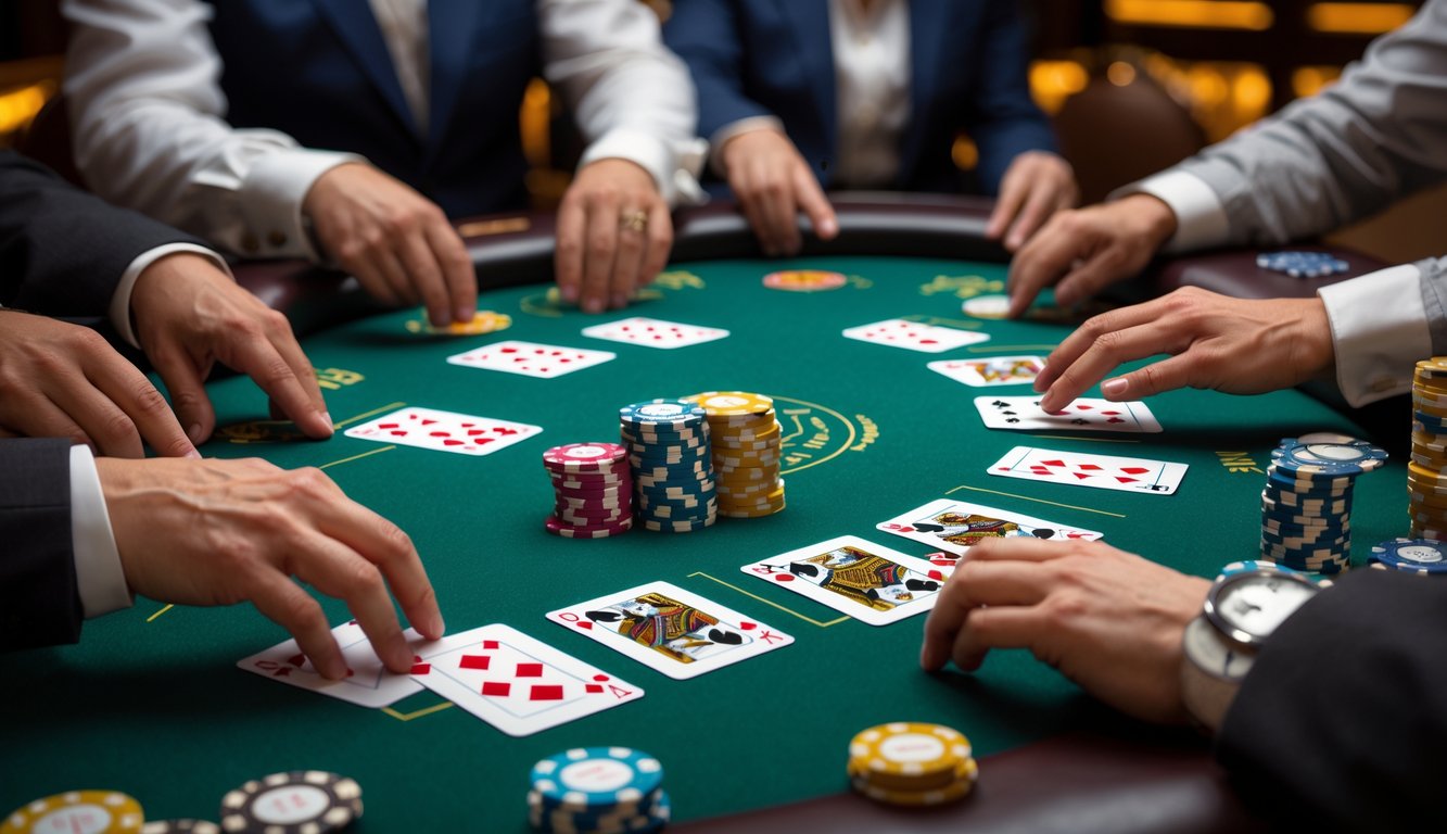 Meja kasino dengan beberapa tangan blackjack yang sedang dimainkan, kartu dan chip taruhan terlihat jelas.