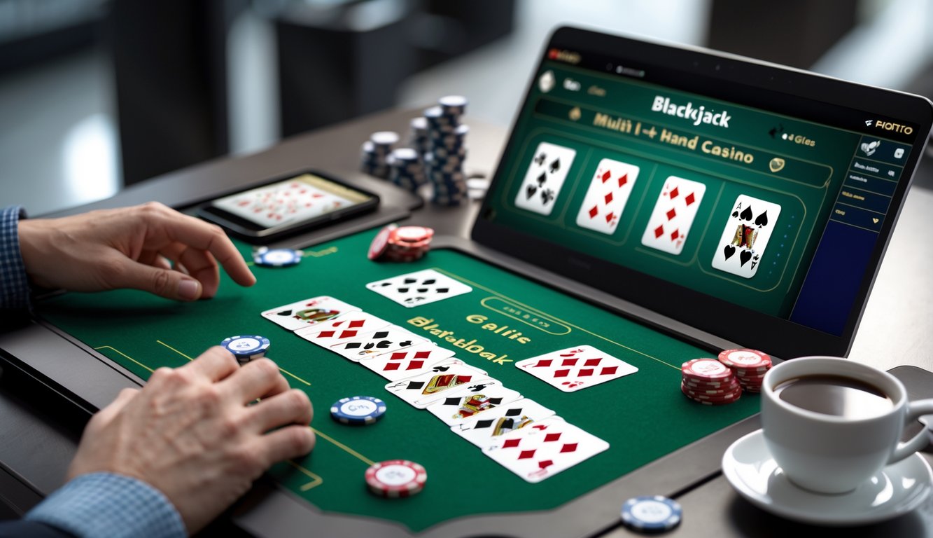 Tangan seseorang bermain multi-hand blackjack di layar komputer dengan beberapa kartu terlihat di meja blackjack digital.