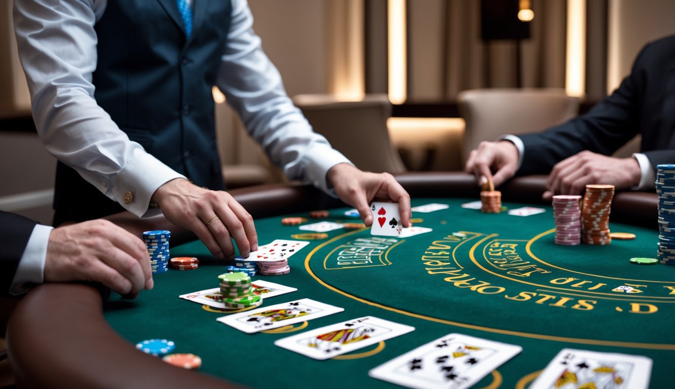 Meja blackjack dengan dealer dan beberapa pemain sedang bermain kartu dengan chip taruhan di kasino.