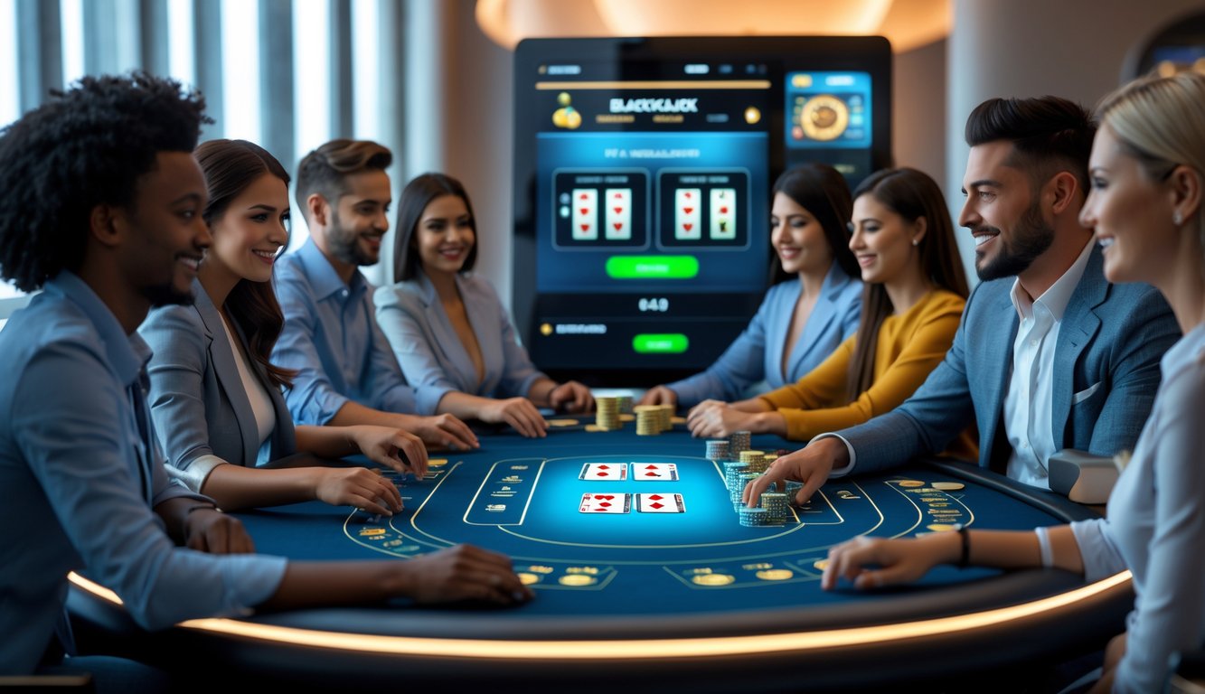 Sekelompok pemain sedang bermain blackjack online di meja digital dengan suasana modern dan nyaman.