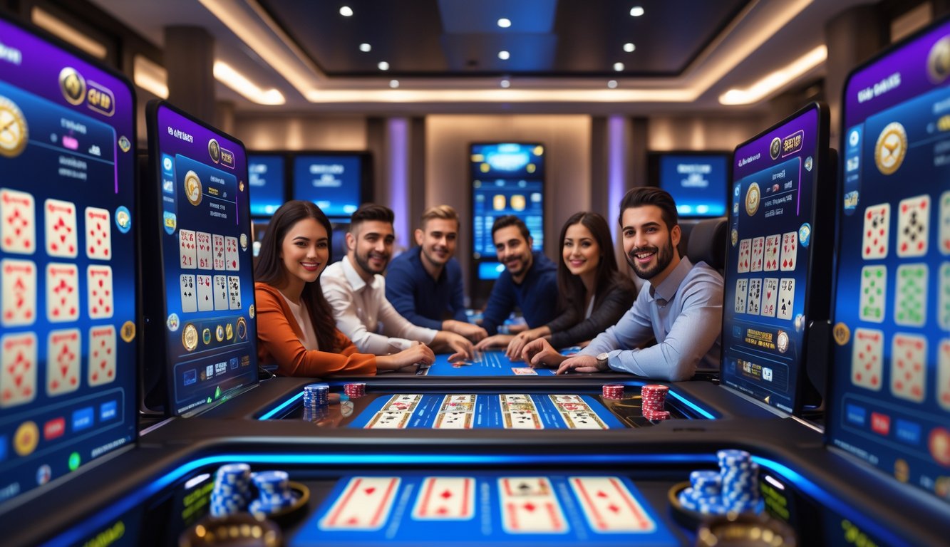 Beberapa pemain sedang bermain multi-hand blackjack secara online di meja digital dengan kartu dan chip di layar komputer.