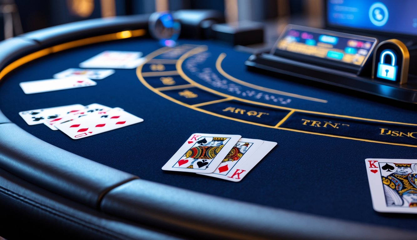Tampilan permainan blackjack multi-tangan online dengan kartu dan chip di meja virtual yang modern.