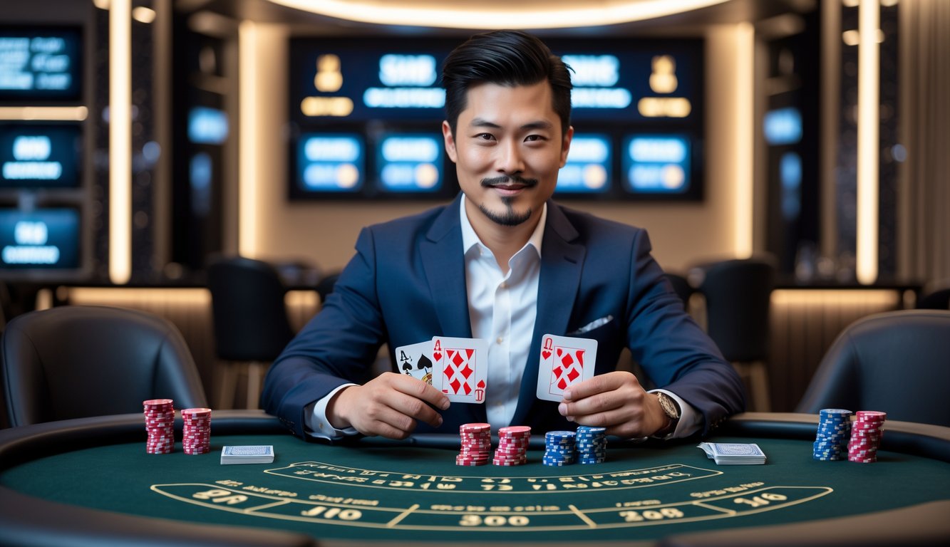 Seorang pria Asia duduk di meja blackjack dengan beberapa tangan kartu, di kasino modern dengan pencahayaan hangat dan suasana profesional.