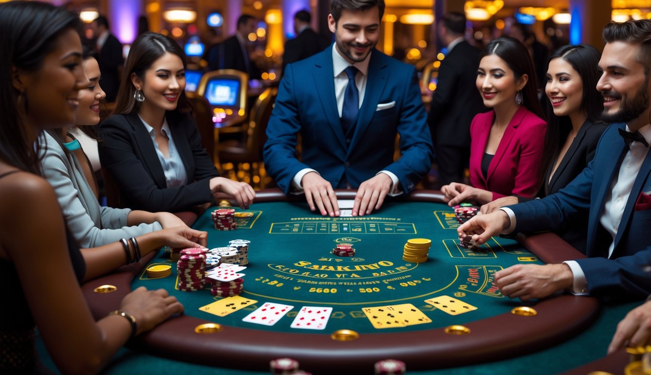 Suasana meja blackjack dengan beberapa tangan kartu, pemain dan dealer sedang bermain di kasino.