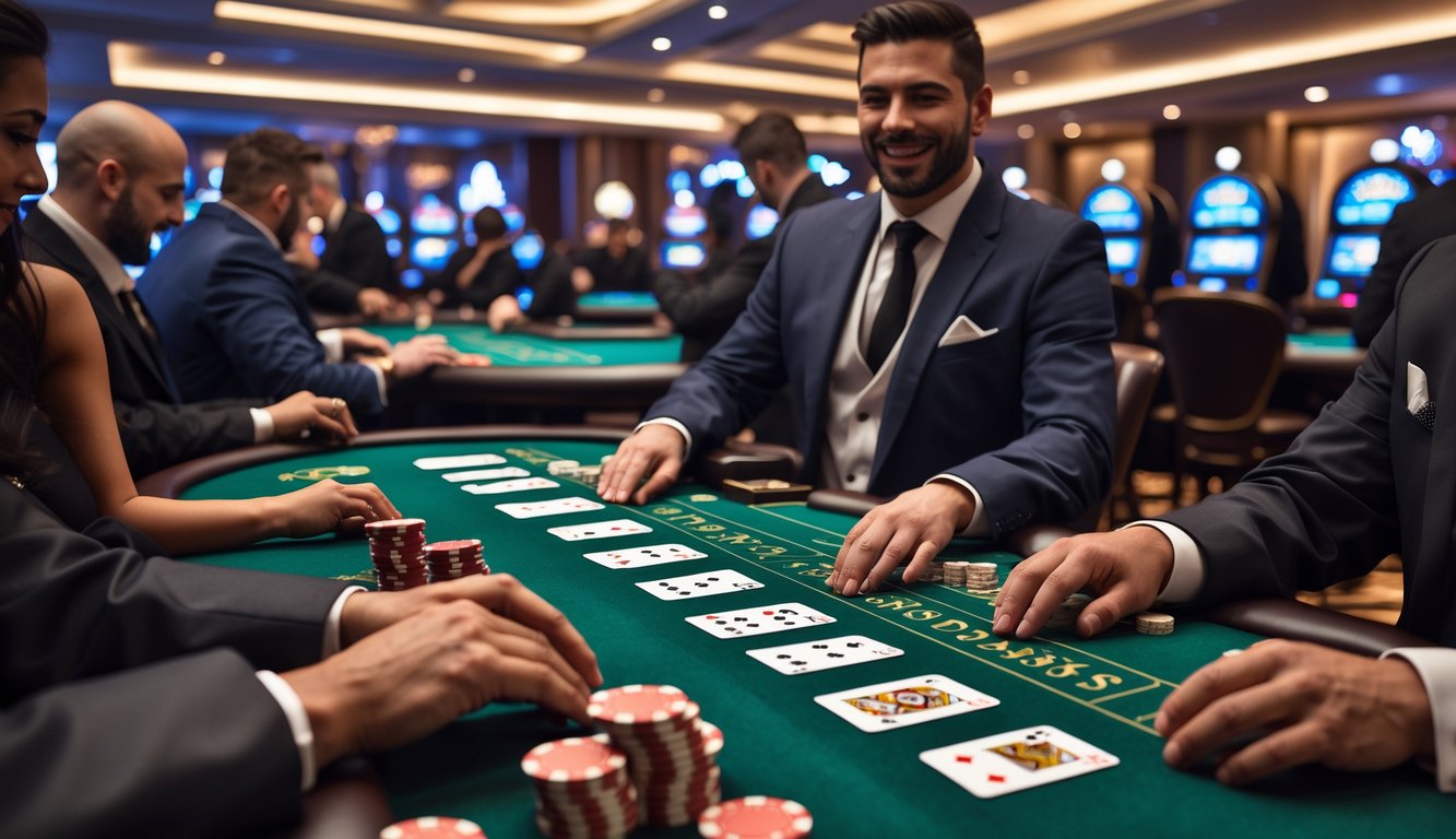 Suasana meja blackjack multi-tangan dengan beberapa pemain dan dealer di kasino yang mewah.