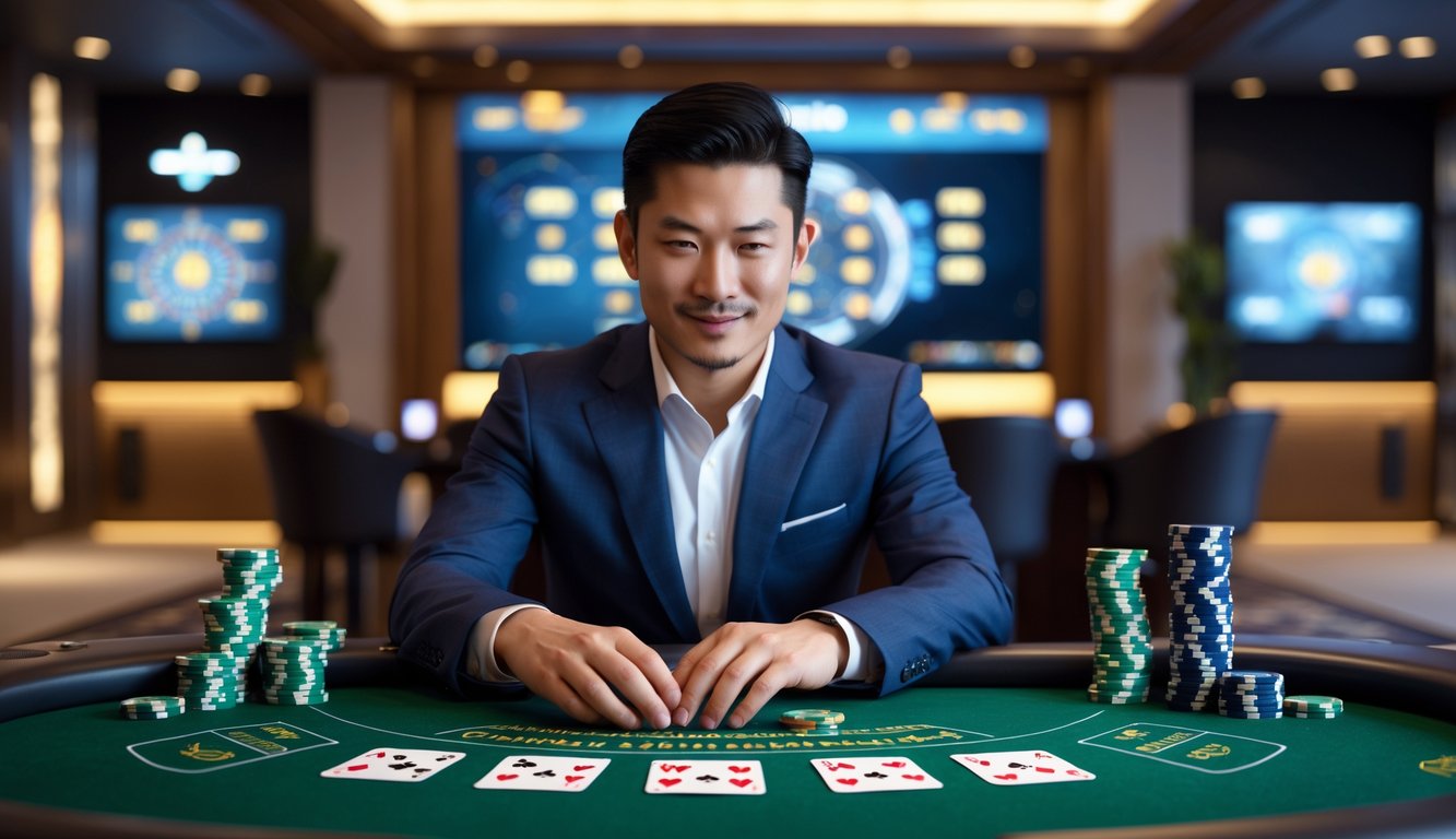 Seorang pria Asia duduk di meja blackjack dengan beberapa tangan kartu, fokus dan tersenyum di lingkungan kasino modern.