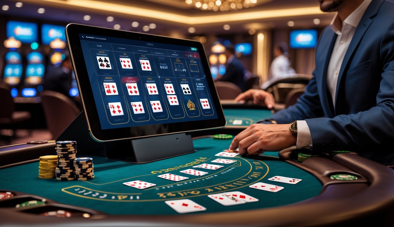 Seorang pemain sedang bermain multi-hand blackjack online menggunakan laptop di lingkungan kasino modern.