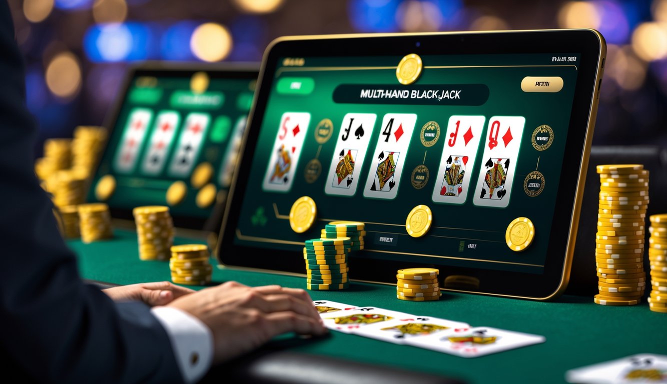 Suasana permainan blackjack multi-tangan di kasino online dengan kartu dan chip di layar sentuh.