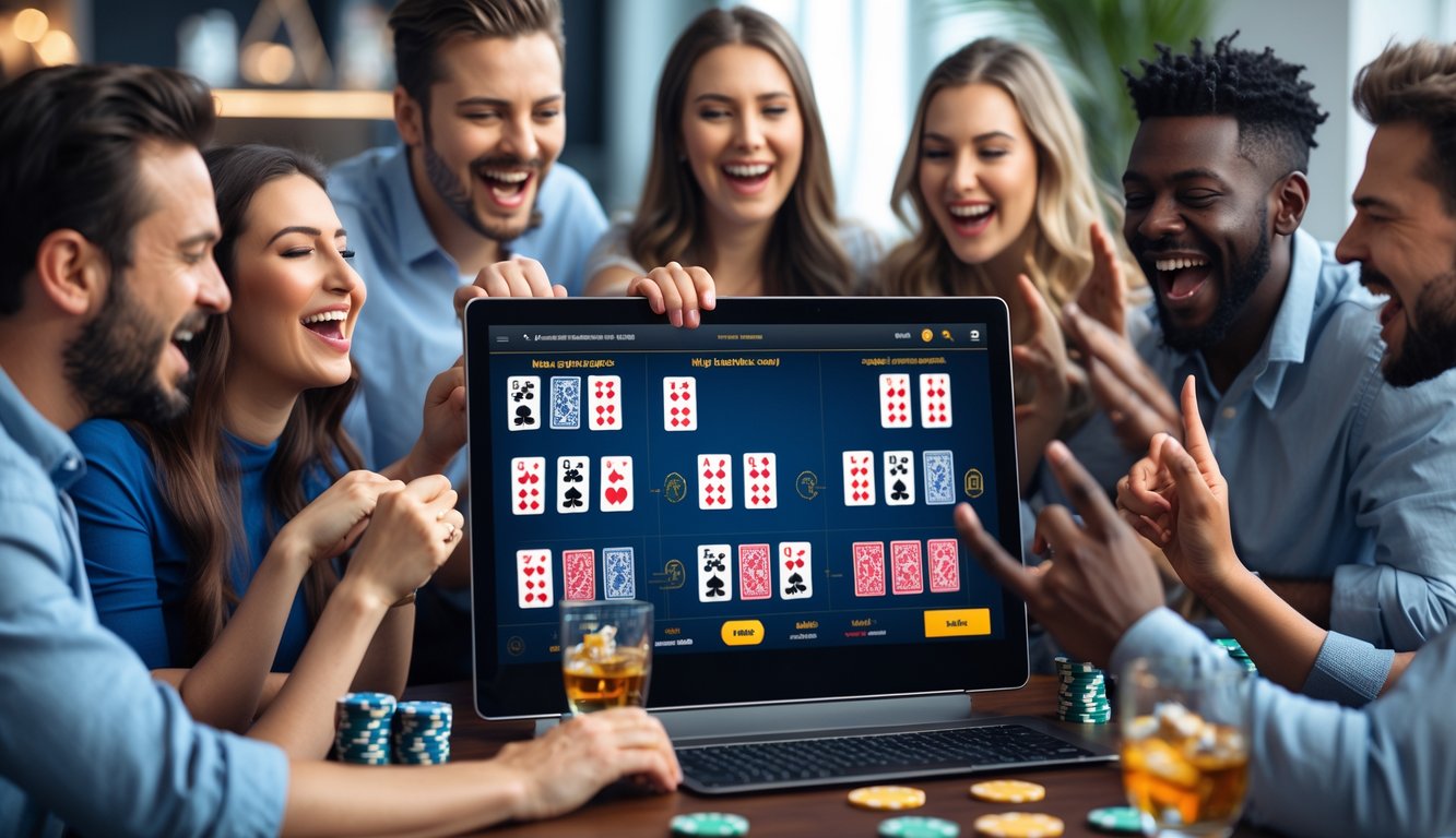Beberapa orang sedang bermain blackjack online dengan beberapa tangan kartu di layar komputer, terlihat antusias dan bersemangat.