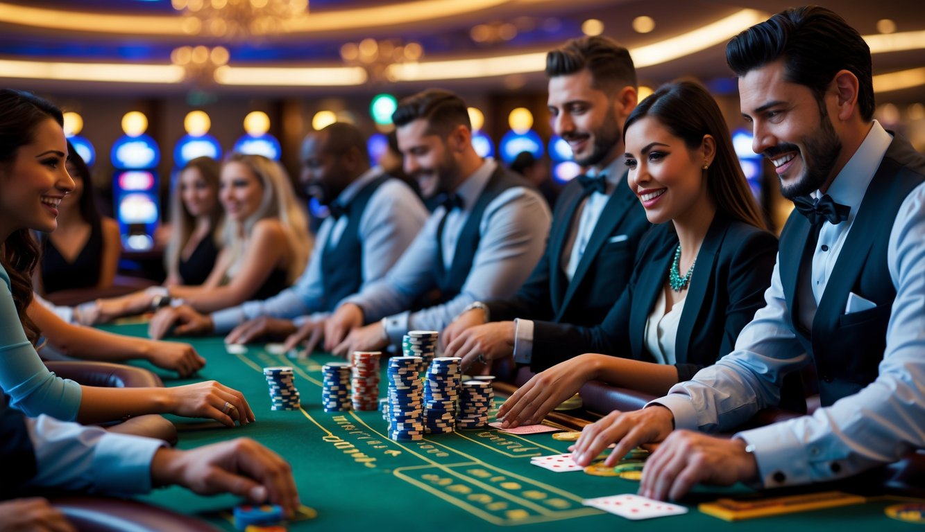 Beberapa pemain sedang bermain blackjack multi-tangan di meja kasino dengan dealer yang membagikan kartu.