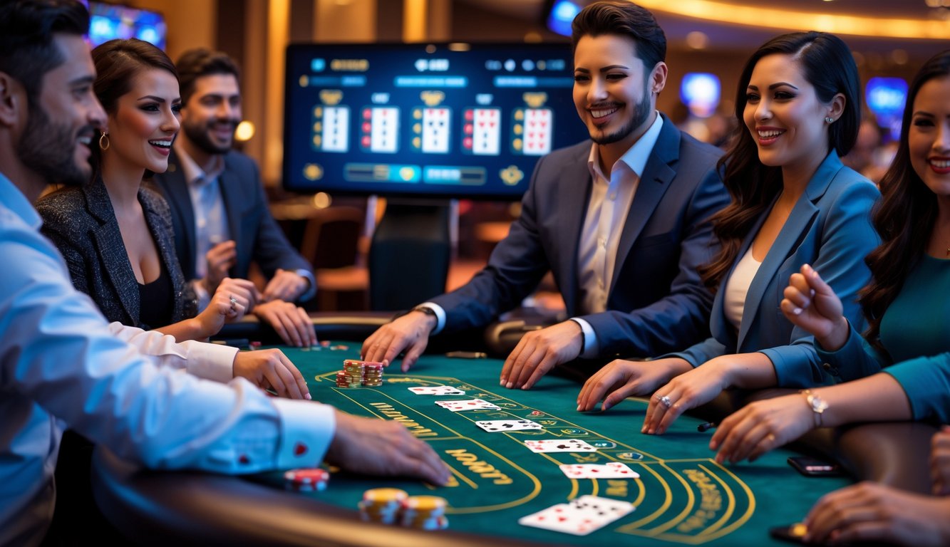 Meja blackjack dengan beberapa tangan kartu, tumpukan chip, dealer dan pemain yang antusias di lingkungan kasino.