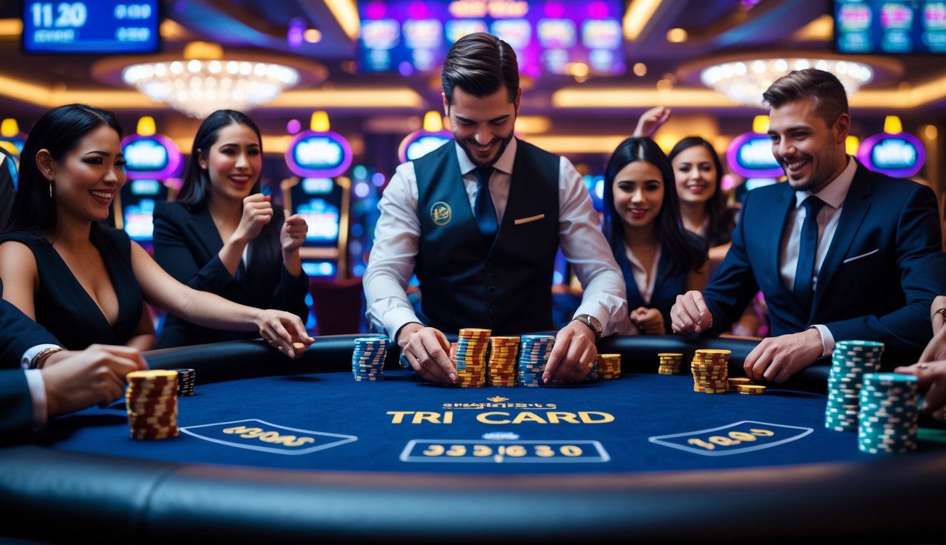 Suasana kasino langsung dengan dealer dan pemain bermain Tri Card Poker di meja poker modern.