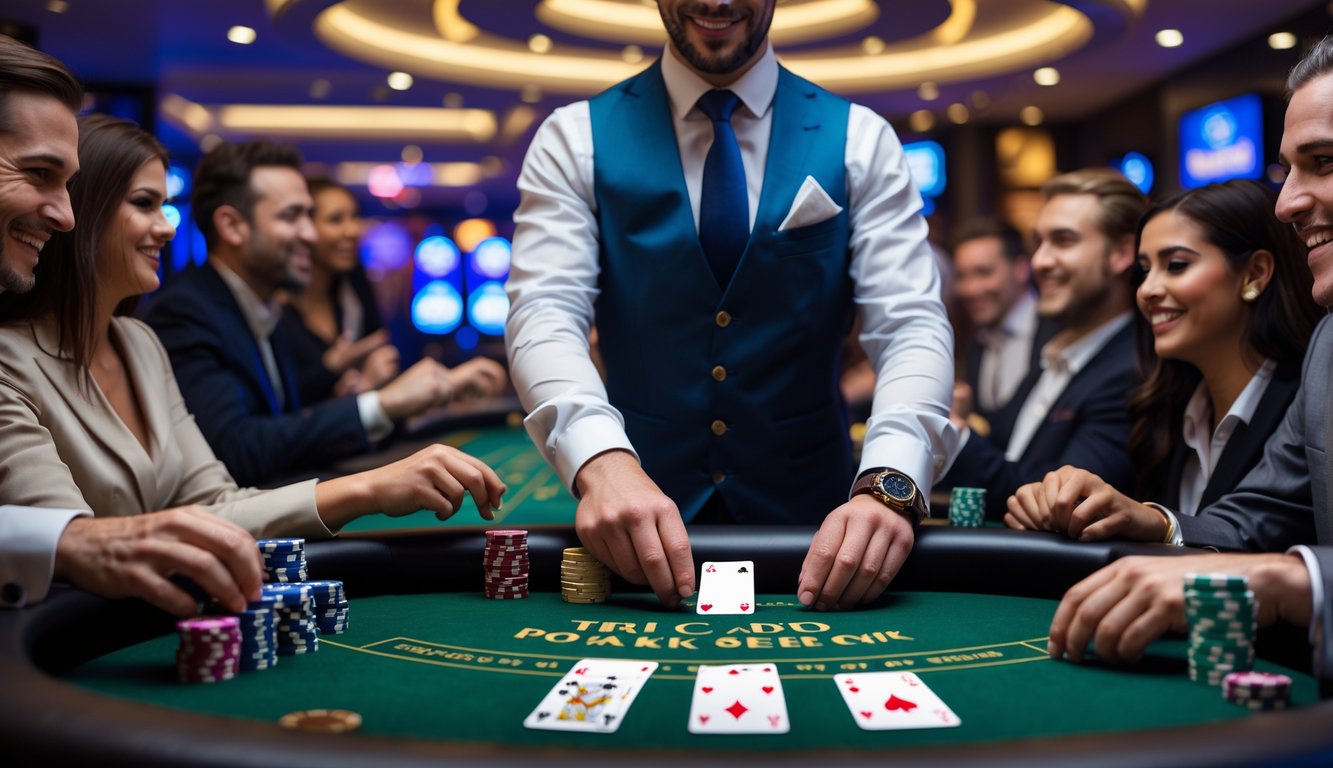 Seorang dealer berjubah resmi membagikan kartu di meja poker dengan pemain yang fokus dan bersemangat di kasino langsung.