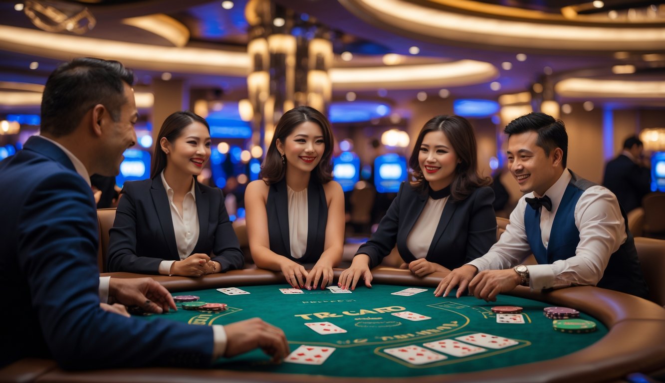 Suasana kasino langsung dengan meja Tri Card Poker, pemain dan dealer yang sedang bermain, serta tumpukan chip dan kartu di atas meja hijau.