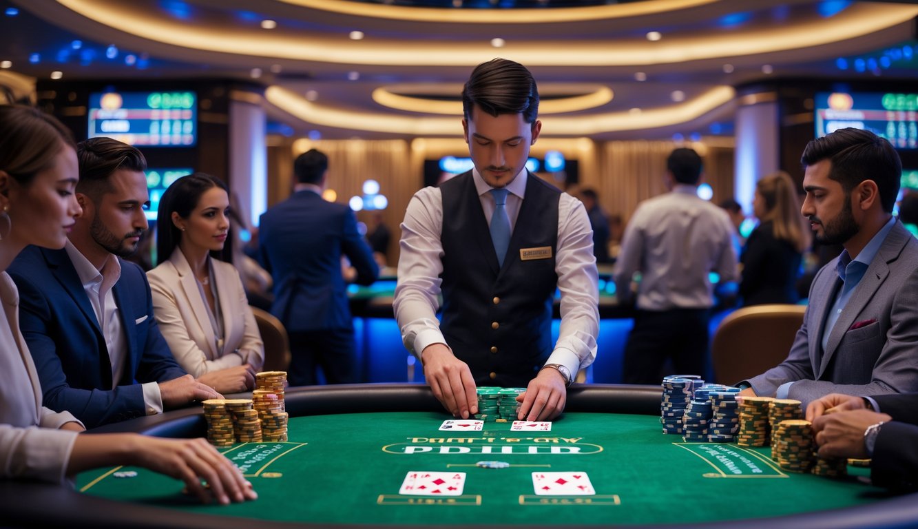 Seorang dealer dan beberapa pemain sedang bermain Tri Card Poker di meja kasino dengan suasana yang mewah dan profesional.