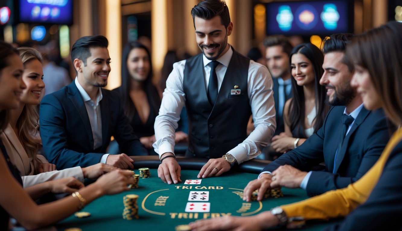 Seorang dealer dan beberapa pemain sedang bermain Tri Card Poker di meja kasino dengan kartu dan chip di atas meja.