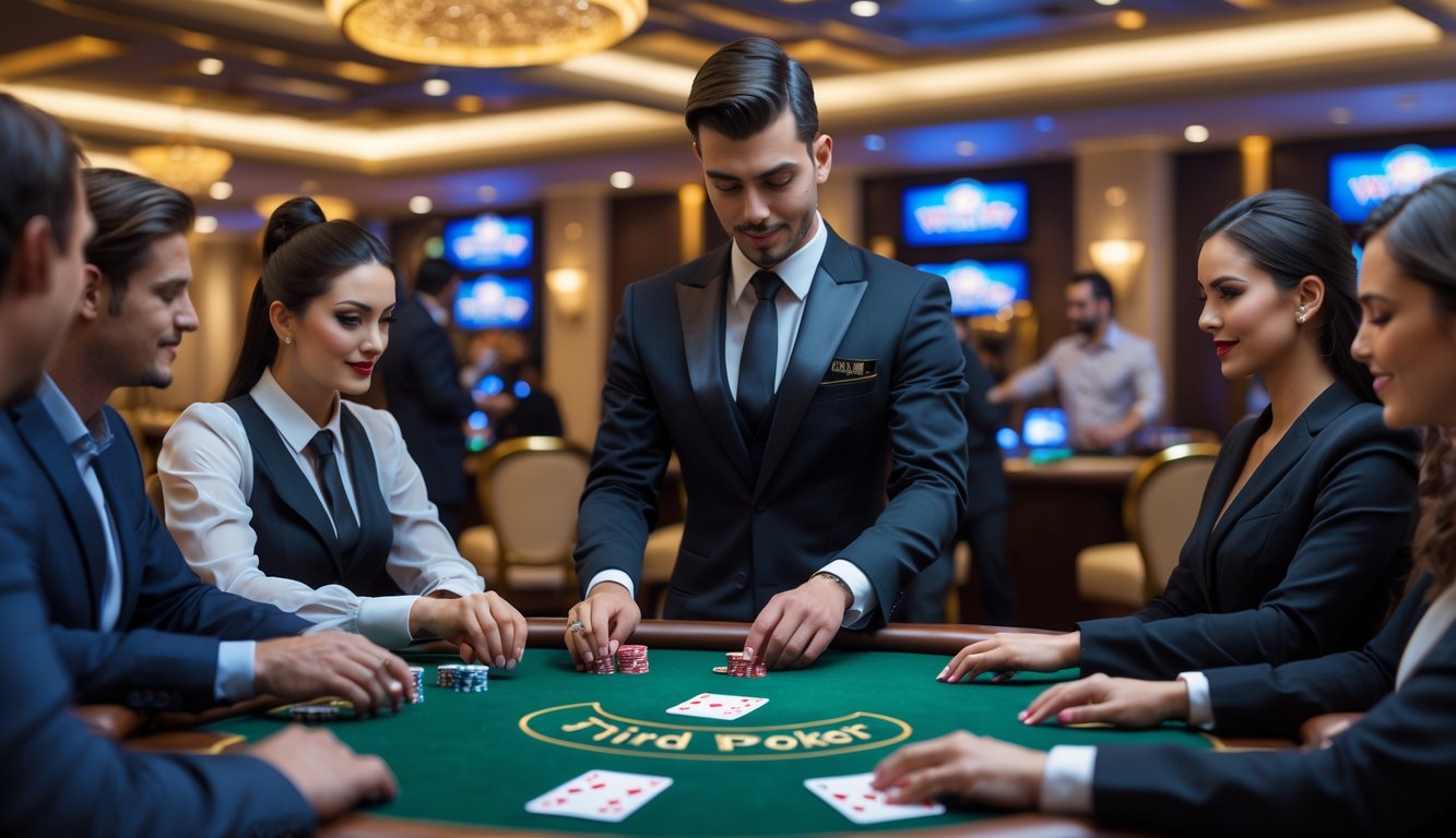 Seorang dealer membagikan kartu di meja Tri Card Poker dengan beberapa pemain yang fokus bermain di kasino yang mewah.