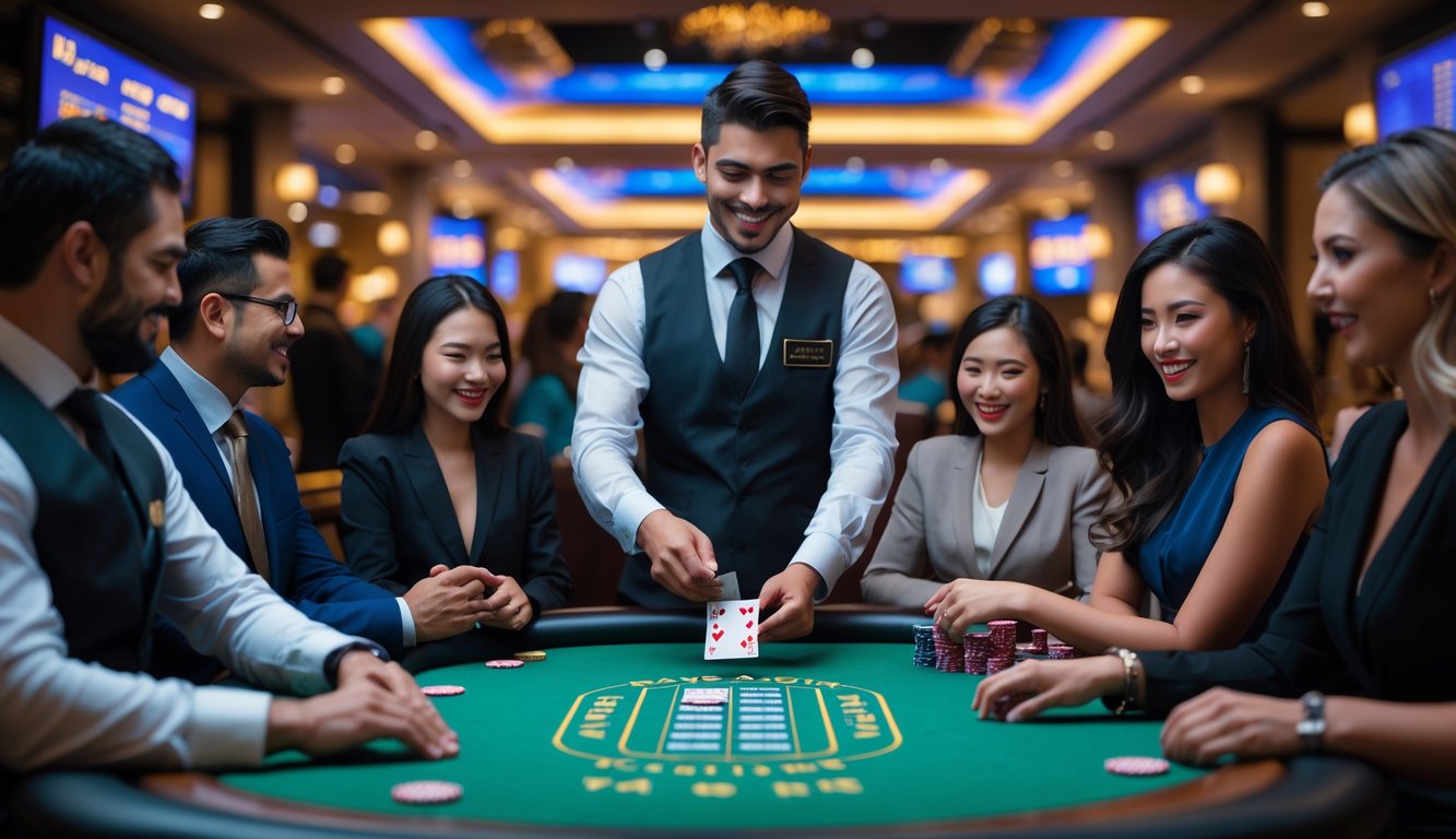 Seorang dealer membagikan kartu di meja poker dengan pemain yang serius dan suasana kasino yang mewah.