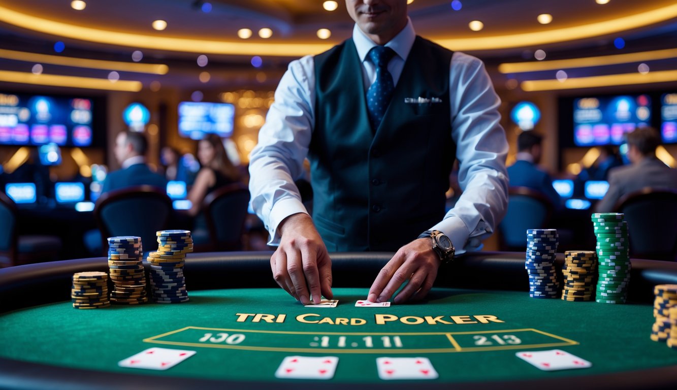 Seorang dealer sedang membagikan tiga kartu di meja poker dengan tumpukan chip kasino, dikelilingi oleh suasana kasino langsung yang elegan dan profesional.