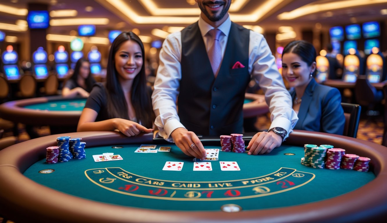 Suasana meja permainan Tri Card Poker di kasino langsung dengan dealer dan pemain yang sedang bermain.