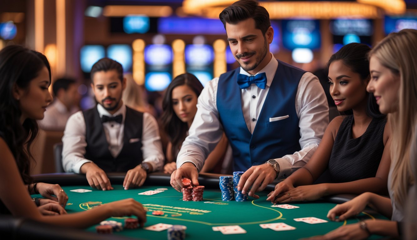 Seorang dealer dan beberapa pemain sedang bermain Tri Card Poker di meja kasino dengan suasana yang ramai dan elegan.