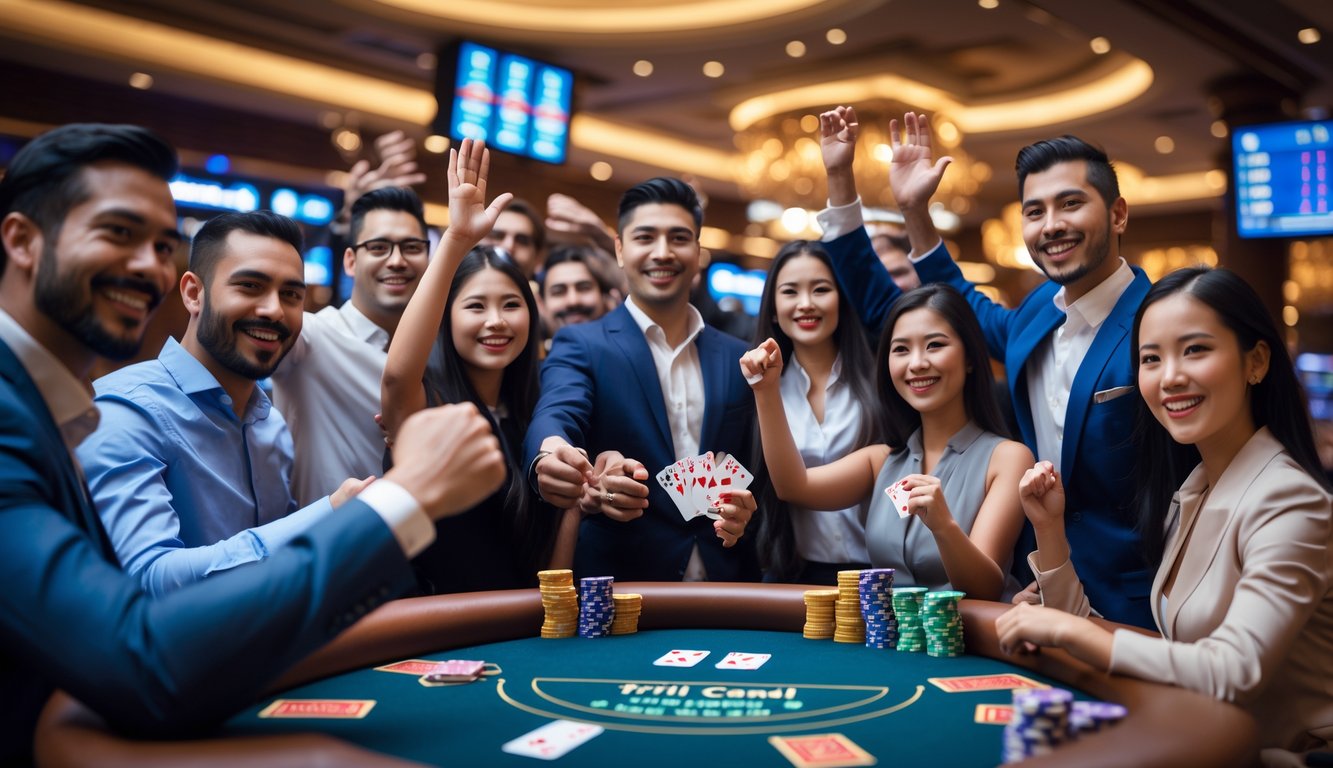 Sekelompok orang merayakan kemenangan besar di meja kasino dengan kartu tri card poker dan tumpukan chip, suasana kasino mewah di latar belakang.