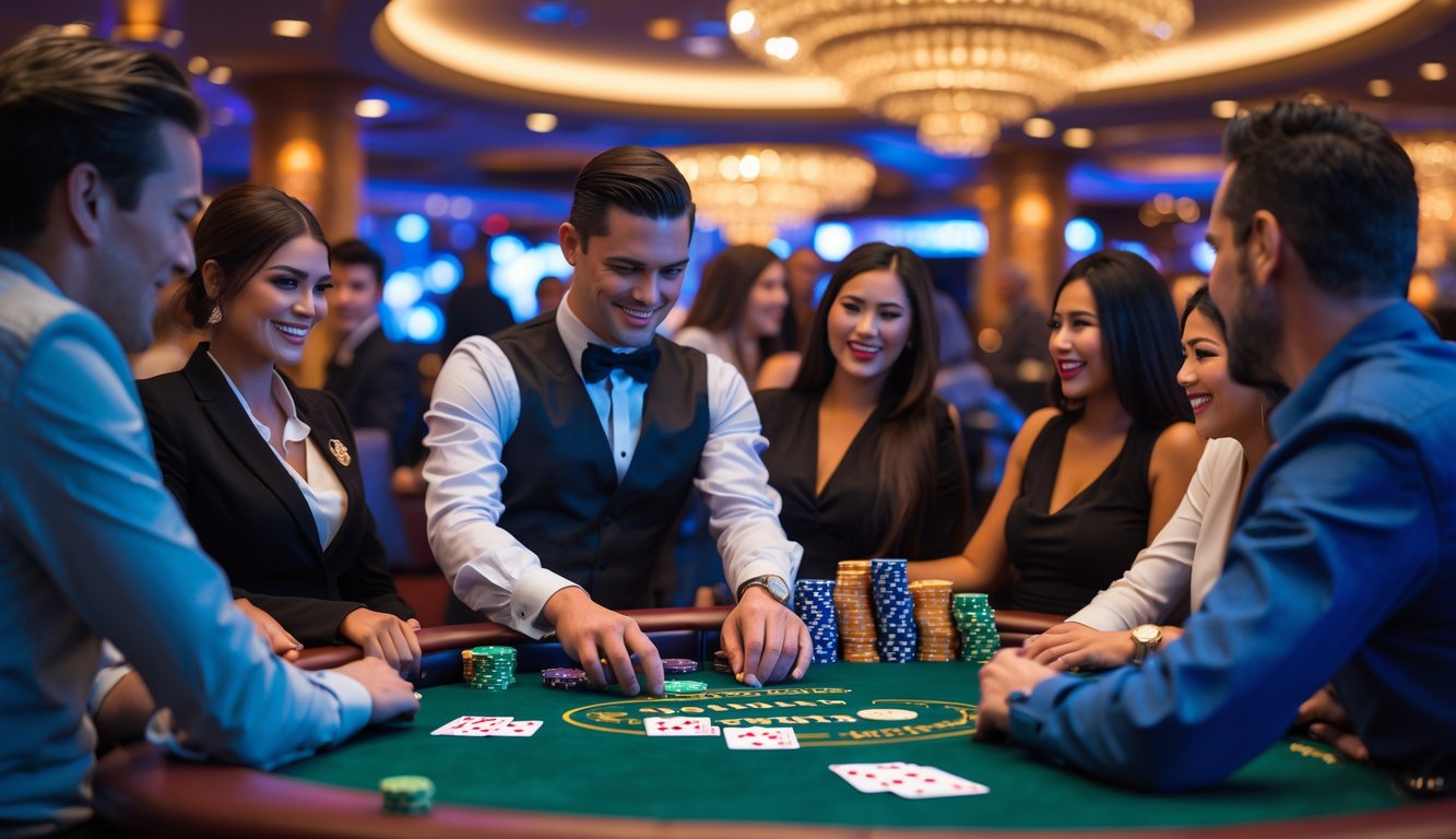 Seorang dealer dan beberapa pemain sedang bermain Tri Card Poker di meja kasino dengan suasana mewah dan pencahayaan hangat.