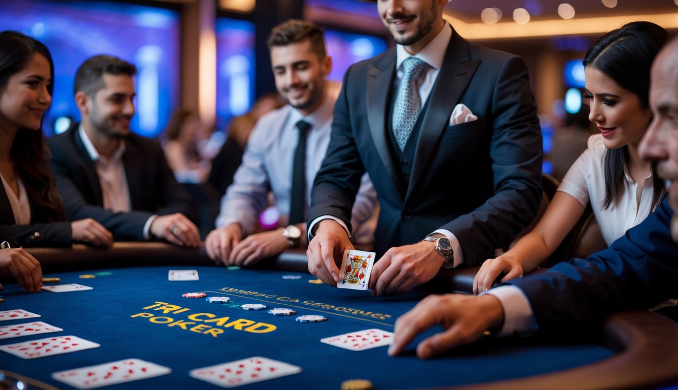 Seorang dealer profesional mengatur kartu Tri Card Poker di meja kasino dengan beberapa pemain yang fokus bermain.
