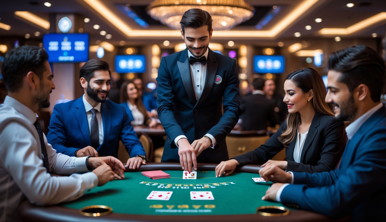 Seorang dealer di meja poker dengan tiga kartu terlihat, dikelilingi pemain yang fokus dan antusias di dalam kasino yang mewah dan terang.