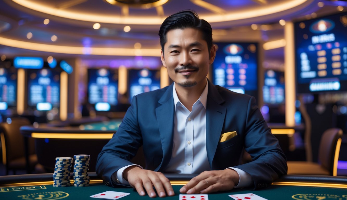 Seorang pria Asia duduk di meja kasino dengan tiga kartu bermain di depan, di latar belakang suasana kasino langsung yang mewah dan modern.