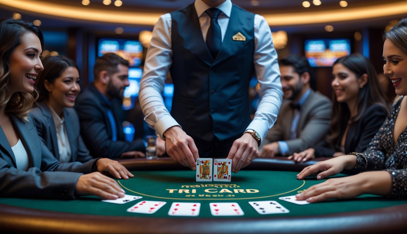 Seorang dealer dan beberapa pemain sedang bermain Tri Card Poker di meja kasino dengan suasana mewah dan pencahayaan hangat.