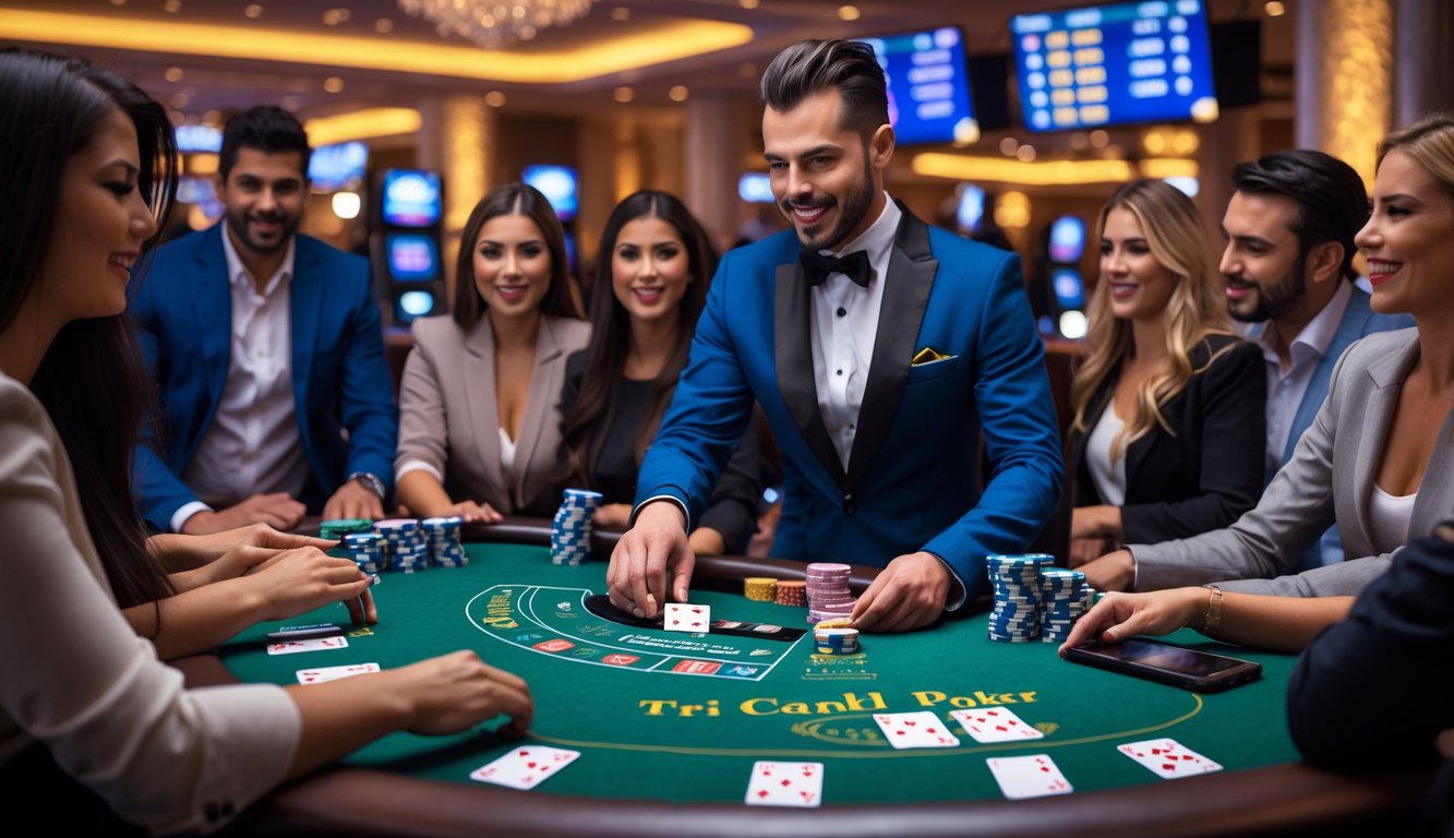 Seorang dealer dan pemain sedang bermain Tri Card Poker di meja kasino dengan suasana yang hidup dan profesional.