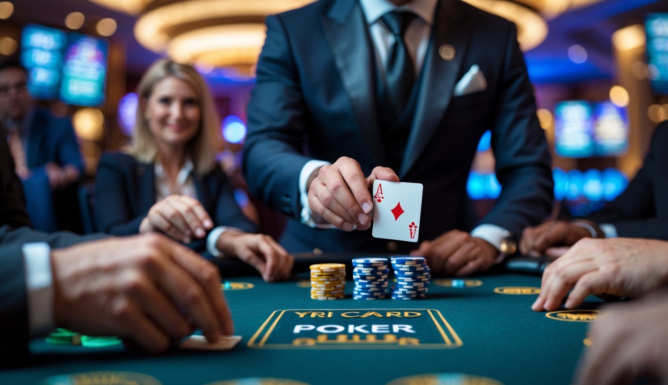 Seorang dealer di meja poker dengan tiga kartu dan chip poker di kasino yang mewah dan terang.