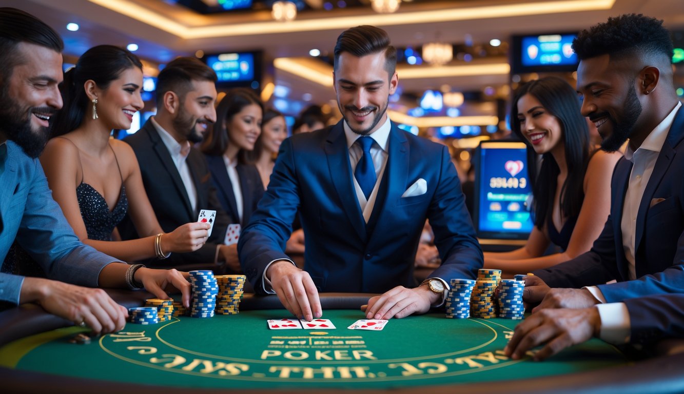 Seorang dealer di meja kasino dengan tiga kartu, dikelilingi pemain yang fokus dan bersemangat dalam suasana kasino mewah.