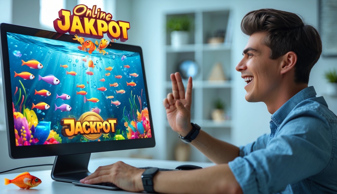 Seseorang sedang bermain game tembak ikan online di komputer dengan latar belakang ruangan yang rapi dan terang.