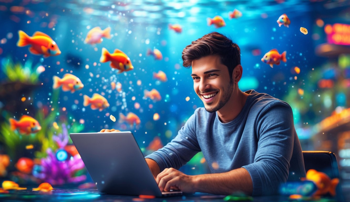 Seorang dewasa muda bermain game tembak ikan online dengan latar bawah laut berwarna-warni dan simbol jackpot yang bersinar.