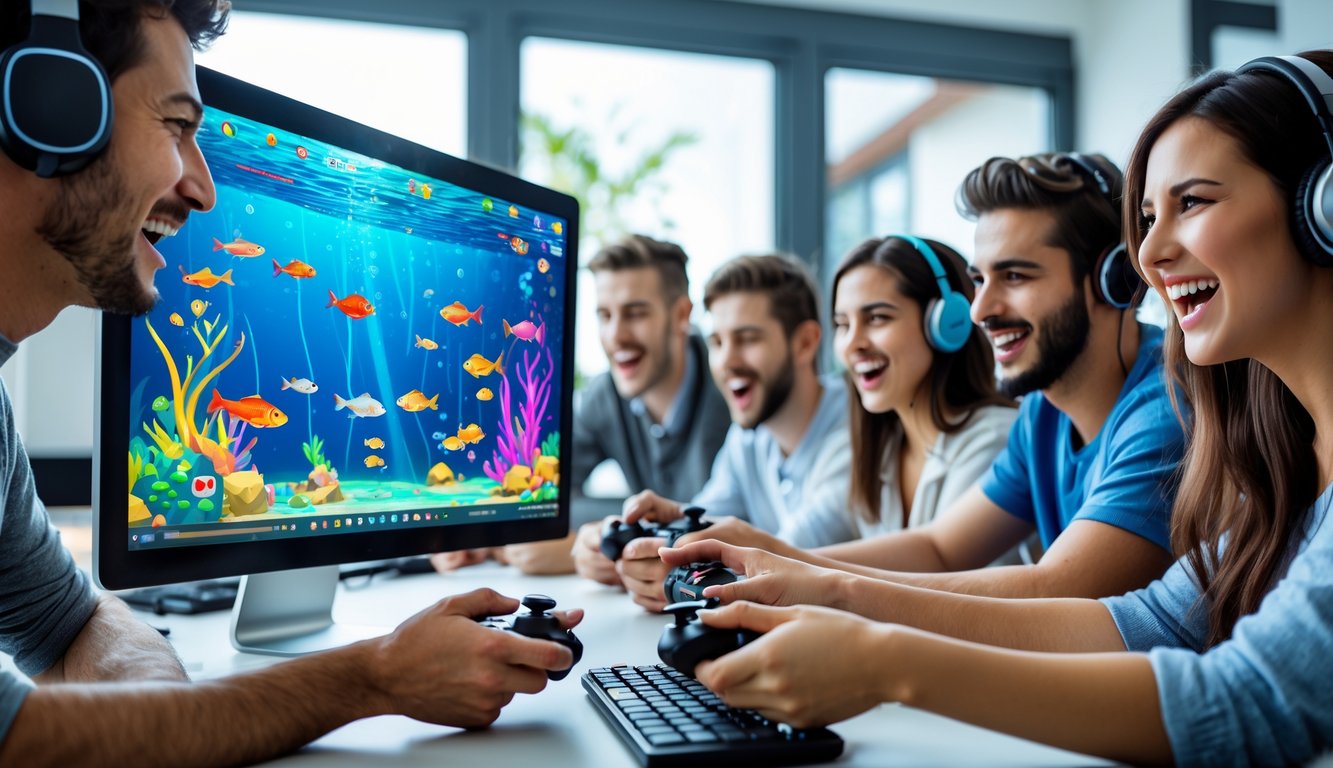 Sekelompok orang muda bermain permainan tembak ikan secara online di depan komputer dalam ruangan yang terang dan modern.