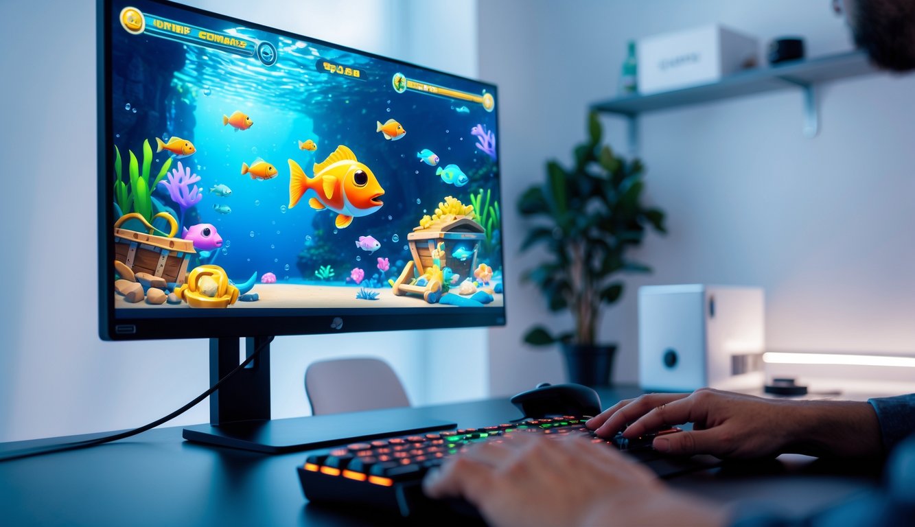 Seseorang sedang bermain game online bertema bawah laut dengan komputer di ruang kerja yang rapi dan terang.