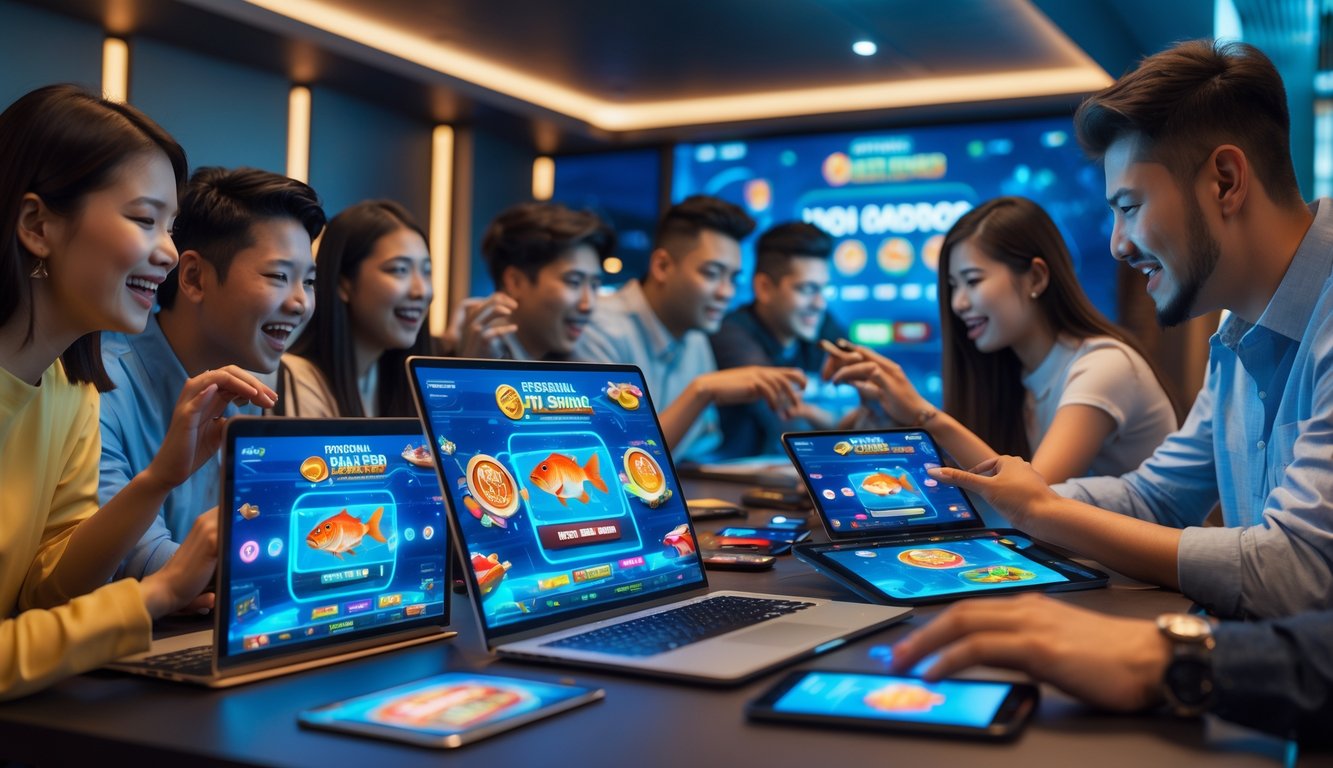 Sekelompok orang muda sedang bermain permainan tembak ikan secara online menggunakan perangkat digital di sebuah ruang gaming modern.
