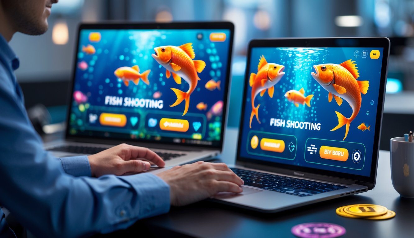 Seseorang menggunakan laptop dan ponsel dengan tampilan permainan tembak ikan di layar dalam suasana kerja yang modern dan aman.