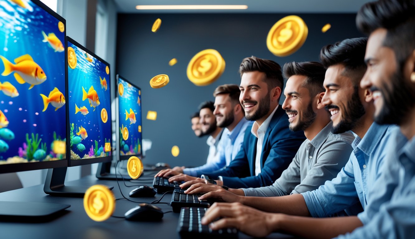 Sejumlah pria sedang bermain permainan tembak ikan online dengan komputer di ruangan yang terang dan modern.